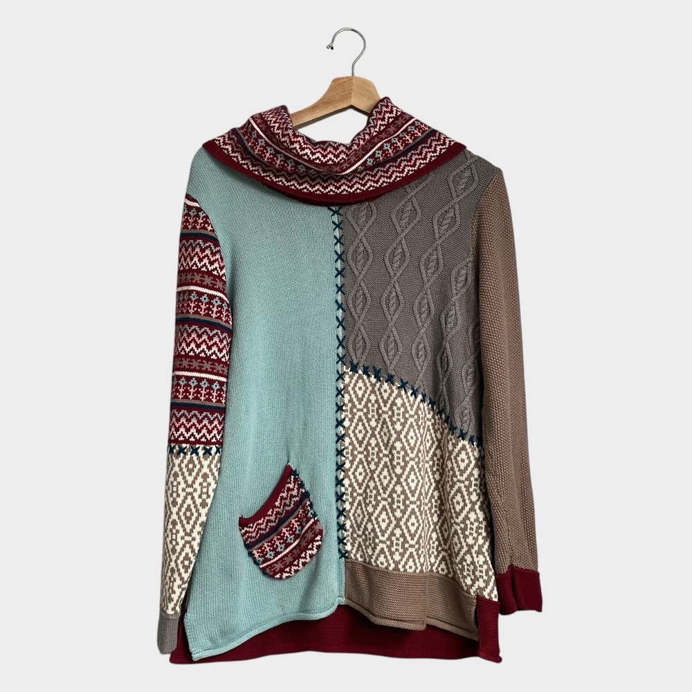 Coldwater Creek Patchwork Sweater Women's Medium Cowlneck Winter Knit Fair Isle